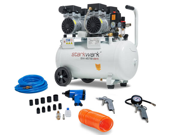Starkwerk Flüsterkompressor Druckluftkompressor Kompressor Silent SW 457/8 Ölfrei inkl. SET