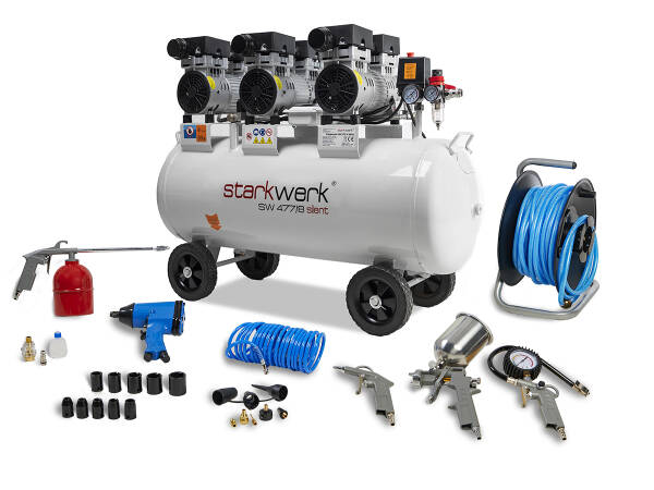 Starkwerk Flüsterkompressor Druckluftkompressor Kompressor Silent SW 477/8 Ölfrei inkl. SET